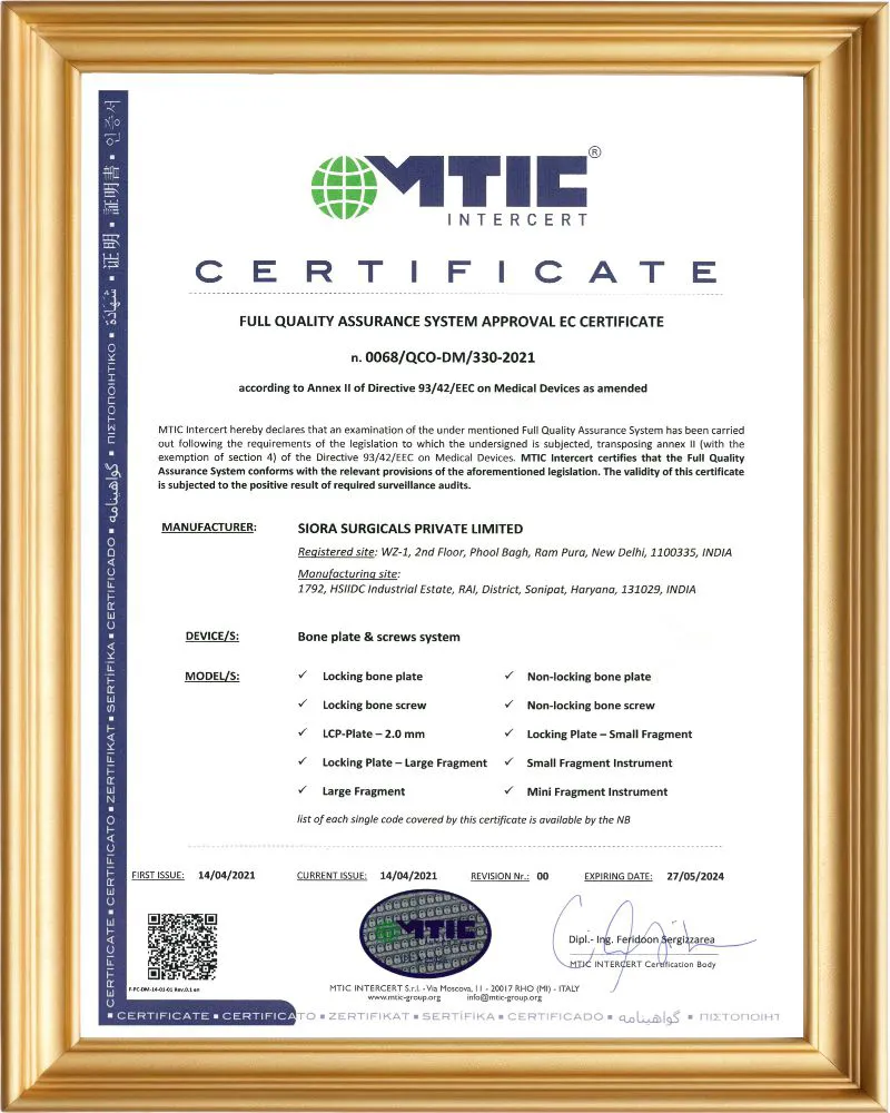CE Certificate for Locking Plates & Screws