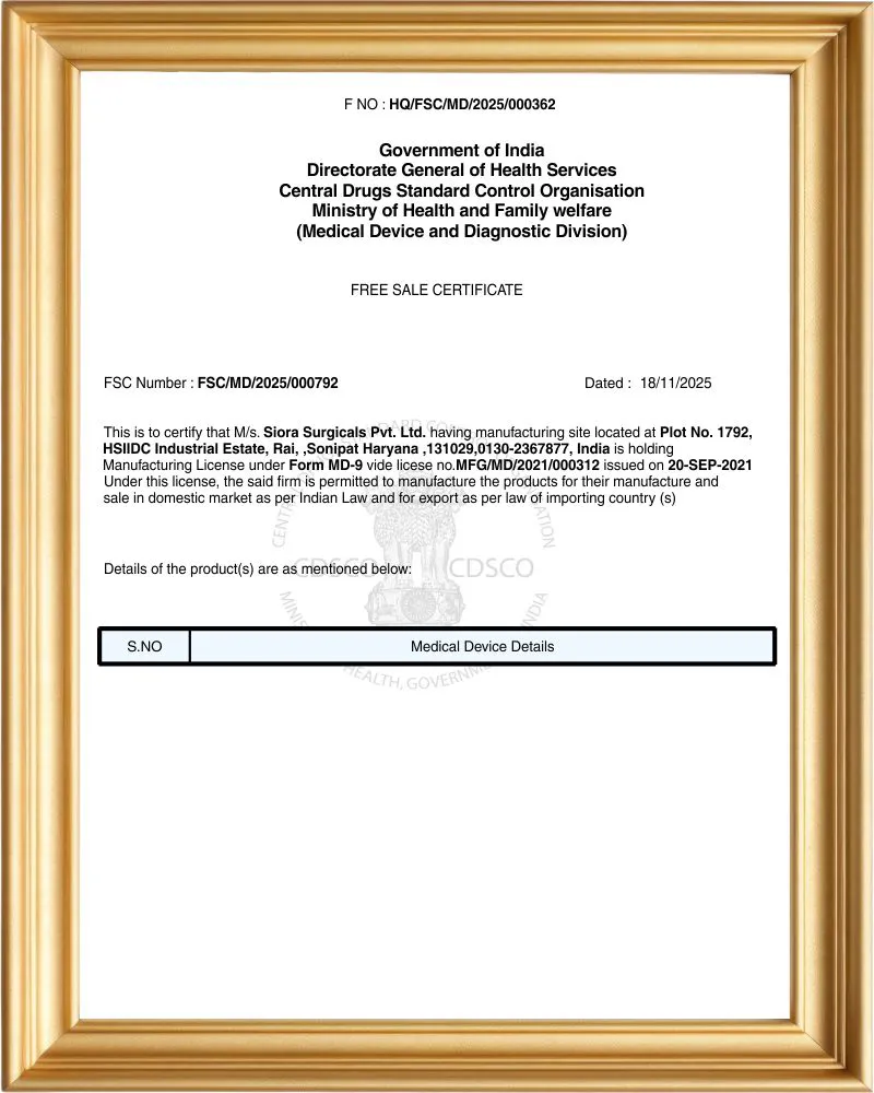 Free Sale Certificate Implants - (Indian FDA) - 2