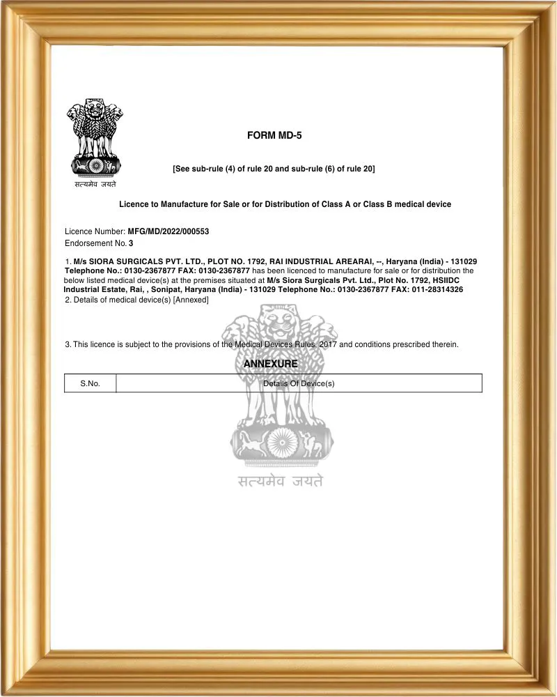 Medical Device Manufacturing LicenceDrug Licence - MD 05 - (Indian FDA)