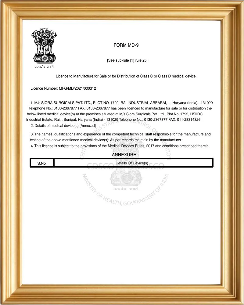 Medical Device Manufacturing Licence/Drug Licence - MD 09 - (Indian FDA)